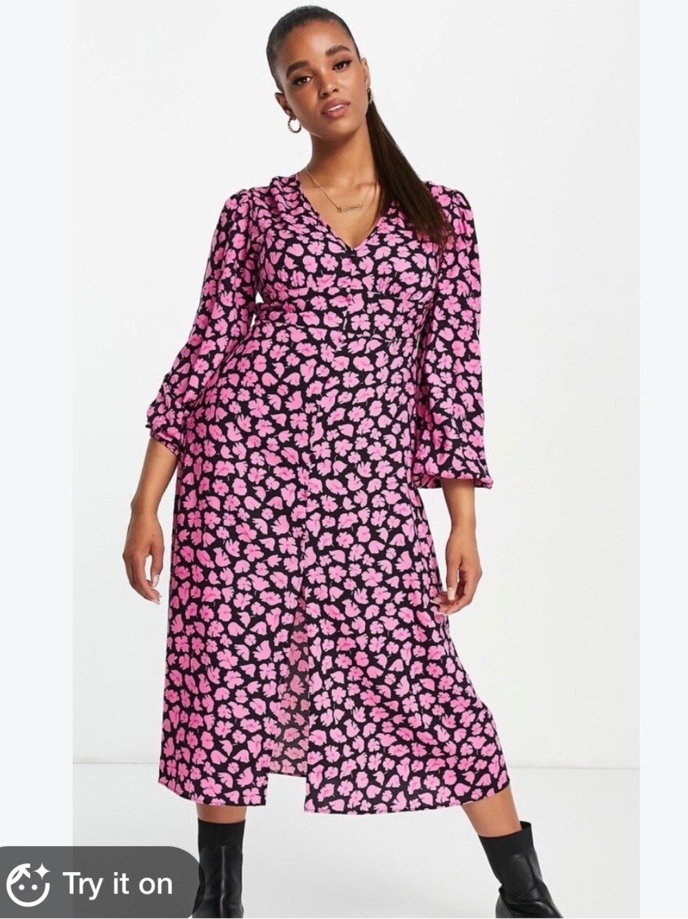 Miss Selfridge Black and Pink Floral Wrap Midi Dress